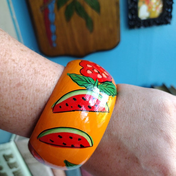 Vintage Hand Painted Wooden Bangle Colorful Orange Red Green Watermelon Apple Pineapple Raspberry Summer Wide Bracelet