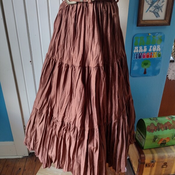 vintage brown tiered peasant skirt belt s m prairie ivy 80s