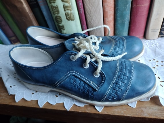 Vintage Blue Bowling Shoes Laceup Casual Faux Lea… - image 1