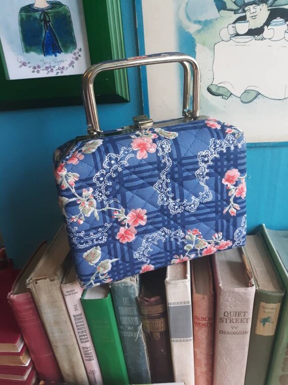 Vintage 70s Quilted Box Purse Blue Floral - image 1