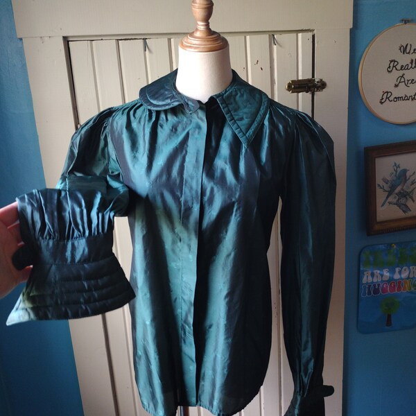unique vintage teal blouse puffed sleeves asymmetrical collar silk m green blue