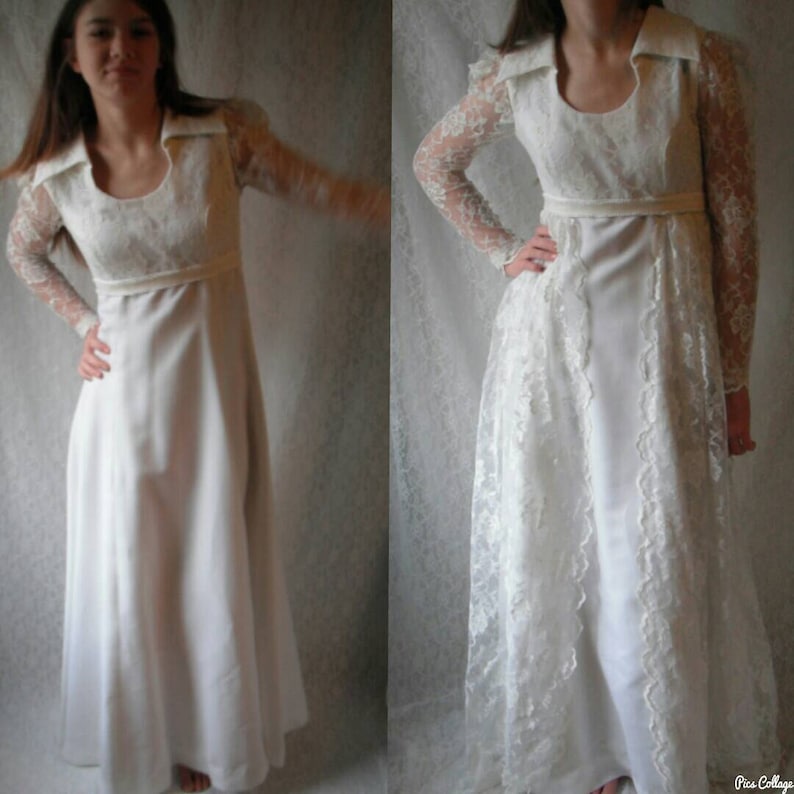 Beautiful Vintage 70/'s Handmade Wedding Gown Lace Removable Train White Long Sleeve Shirt Collar Dress Bridal Bow Empire Waist XS 4 S Small