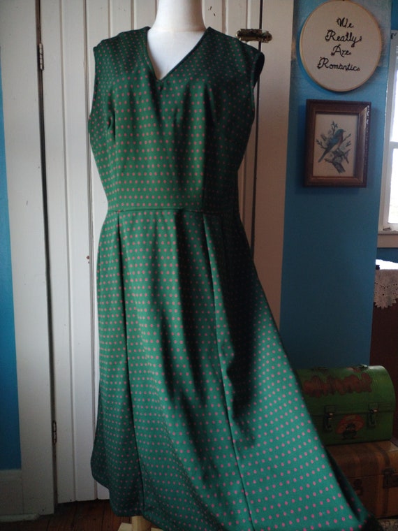 Vintage Red Green Polkadot Sleeveless Dress L XL P