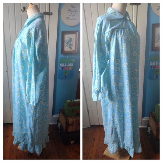 vintage 70s flannel nightgown blue green white fl… - image 10