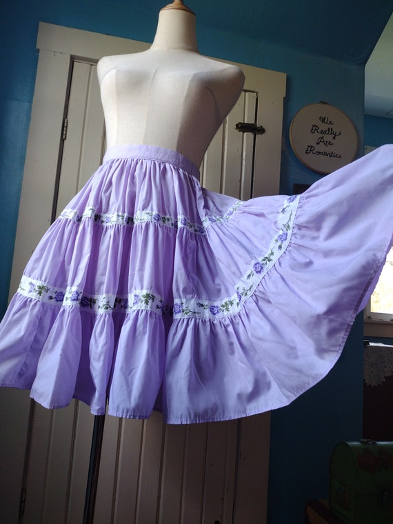 Vintage 60s Lilac Tiered Circle Skirt Floral Full 