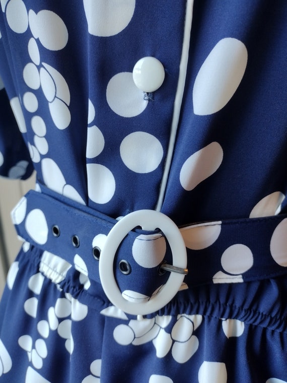 Vintage Navy Blue Polka Dot Dress Belted Short Sl… - image 2