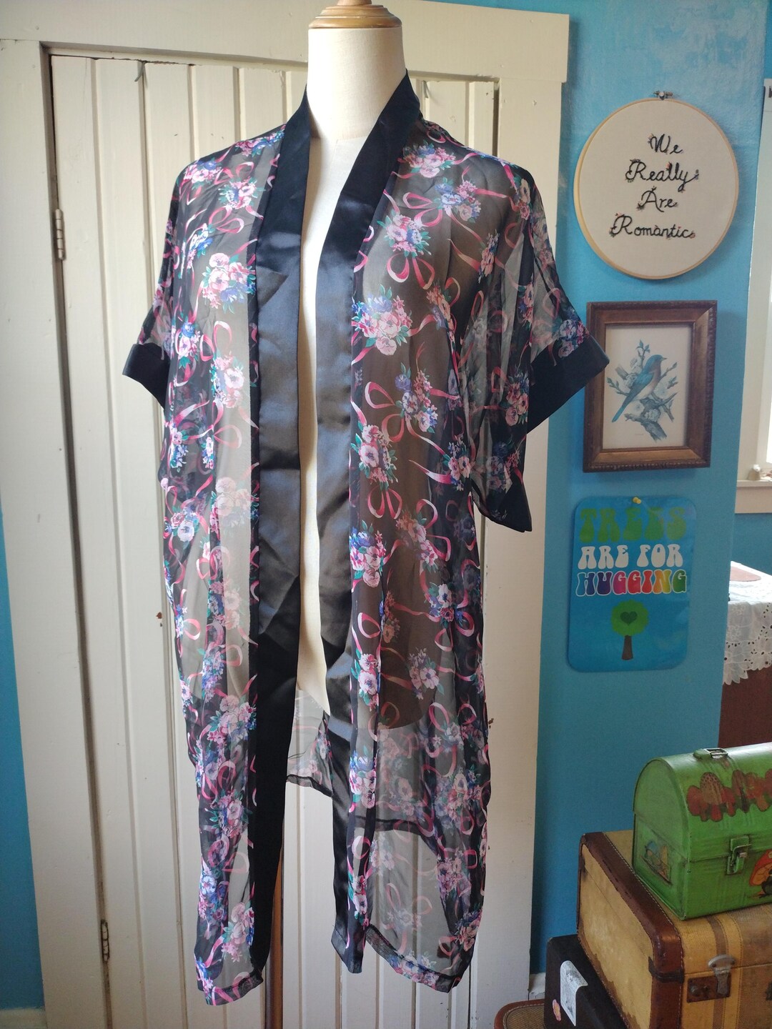 Robe Ribbon CLEARANCE Vintage 90s Y2k Sheer Ribbon Floral Bow Print Robe or Duster ...