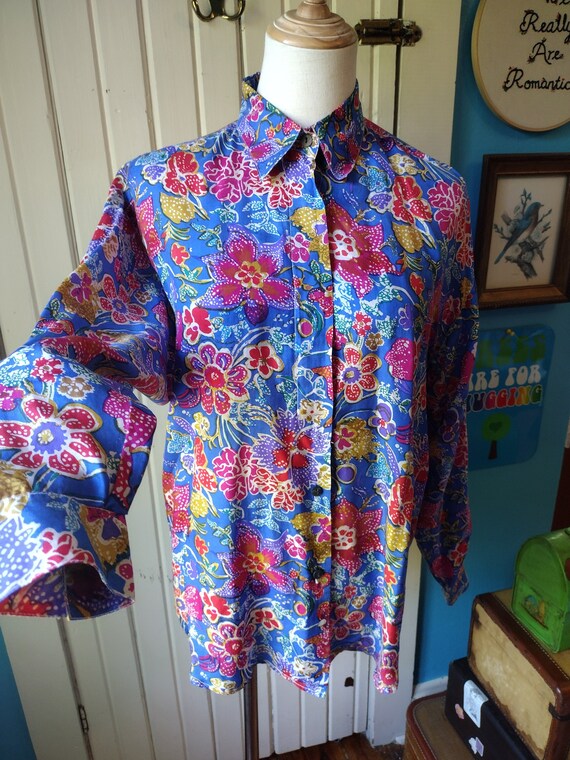 Vintage Colorful Silk Shirt 80s 90s Floral Blue Re