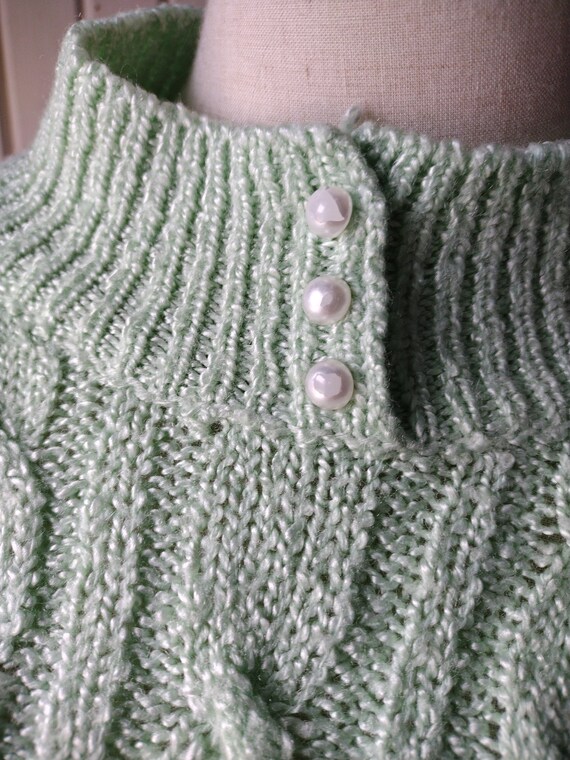 Vintage Sea Green Sweater Cableknit Pullover 80s … - image 3