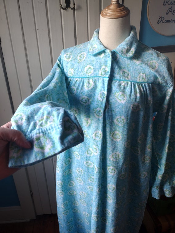 vintage 70s flannel nightgown blue green white fl… - image 3