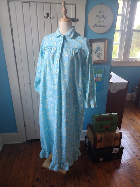 vintage 70s flannel nightgown blue green white fl… - image 1