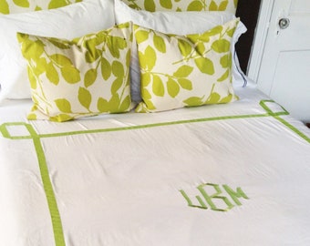 Monogram King Duvet with Green Key Trim - Custom Bedding / Egyptian Cotton / Embroidered