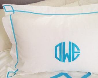 Monogrammed Embroidered Pillow Sham with Greek Key Trim - Standard Size / Egyptian Cotton / Custom Bedding