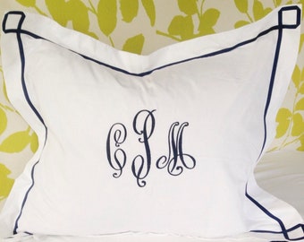 Monogram Embroidered Sham with Ribbon Greek Key Trim - Euro Size / Egyptian Cotton / Custom Bedding