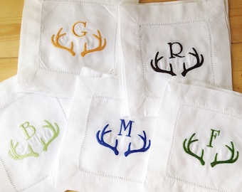 Embroidered Antler Monogram Cocktail Napkins – Set of 4 Linen
