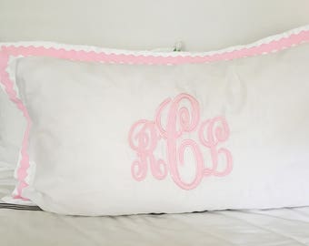 Applique Monogram King Pillow Sham with Scalloped Ribbon Trim / Monogram Bedding / Applique Sham