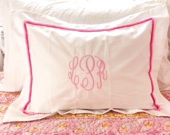 Monogram Embroidered Pillow Sham with Pom Pom Trim / Baby Gift / Nursery Decor