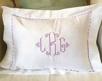 Monogram Boudoir Pillow Sham with Custom Embroidered Border / Monogram Bedding / Baby Pillow / Lumbar Pillow / Throw Pillow