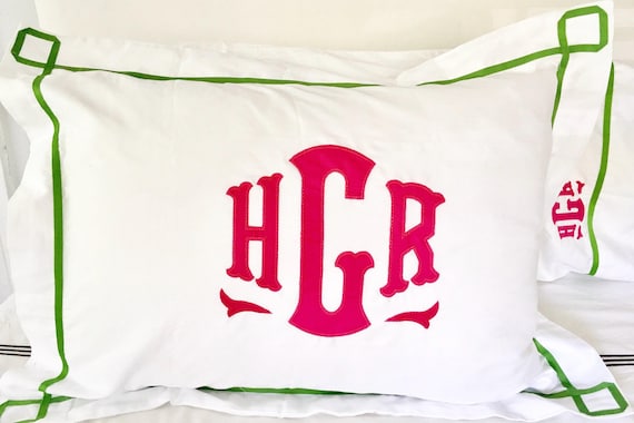 Monogram Appliqué Standard Pillow Sham with Trestle Trim  / Monogram Bedding