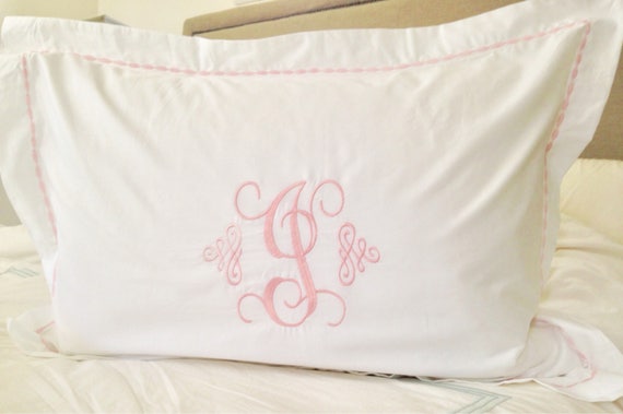 Monogram Pillow Sham with Custom Embroidered Border / Monogram Bedding / Wedding Gift