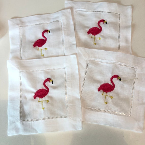 Monogram Hemstitch Cocktail Napkins with flamingo / Monogram Gift - Set of 4