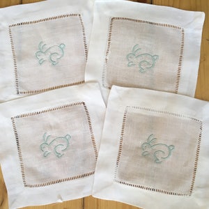 Monogram Hemstitch Cocktail Napkins embroidered Bunny/ Monogram Gift - Set of 4 / Easter