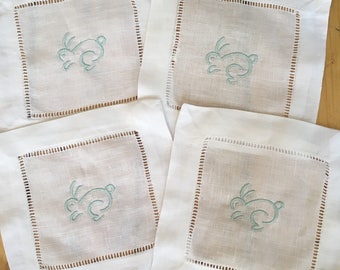 Monogram Hemstitch Cocktail Napkins embroidered Bunny/ Monogram Gift - Set of 4 / Easter