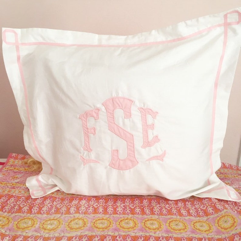 Monogram Applique Pillow Sham with Trestle Trim Pillow Monogram Bedding