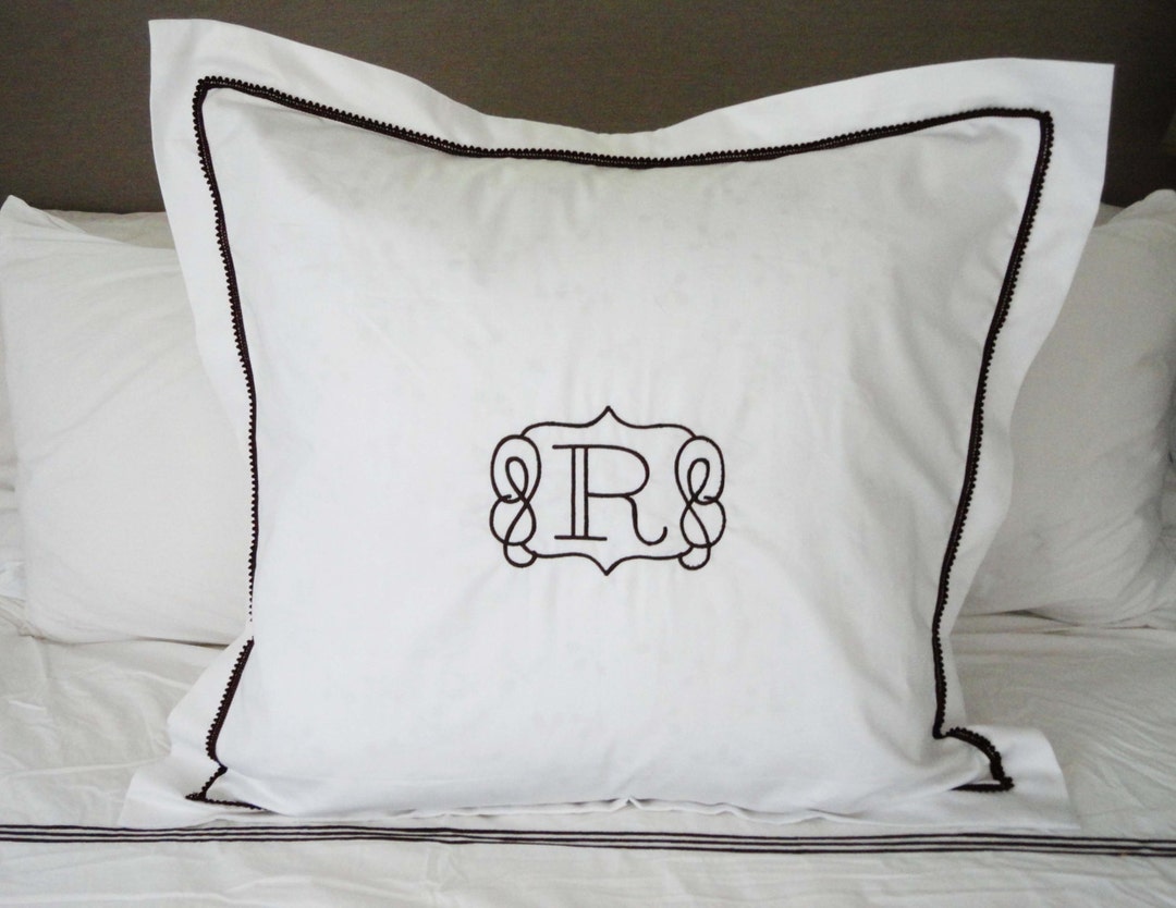 Monogram Euro Pillow Sham With Mini Pom Pom Trim / Monogram Bedding