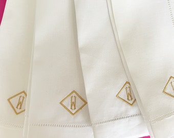Monogrammed Embroidered Linen Hemstitch Dinner Napkins  - Set of 4 / Cotton / Wedding Gift