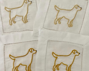 Cocktail Napkins with Embroidered Dog - Set of 4