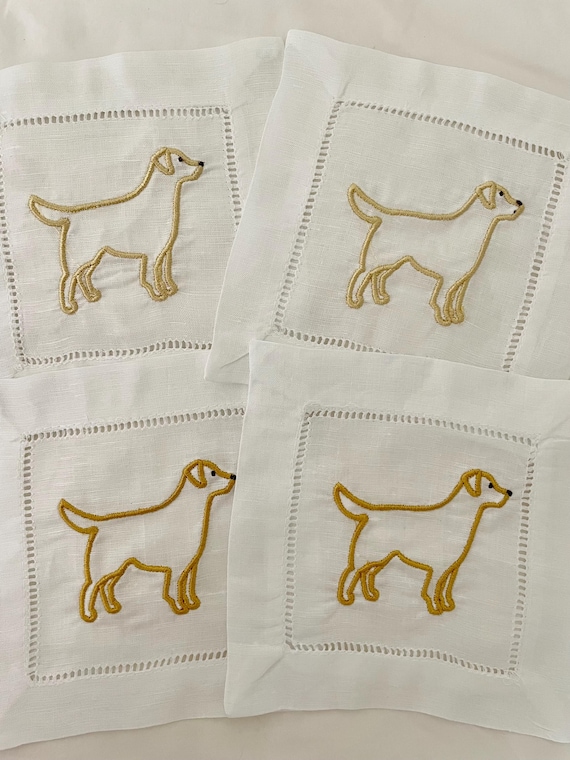 Cocktail Napkins with embroidered Dog - Set of 4