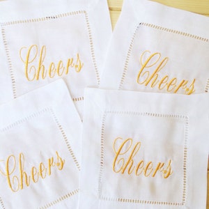 Monogram Hemstitch Cocktail Napkins with embroidered Cheers /Monogram Gift - Set of 4
