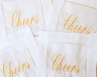 Cocktail Napkins with Embroidered Cheers /Monogram Gift - Set of 4 / House Warming Gift