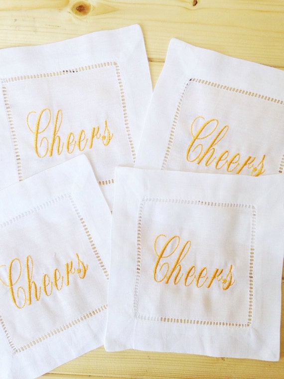 Monogram Hemstitch Cocktail Napkins with embroidered Cheers /Monogram Gift - Set of 4