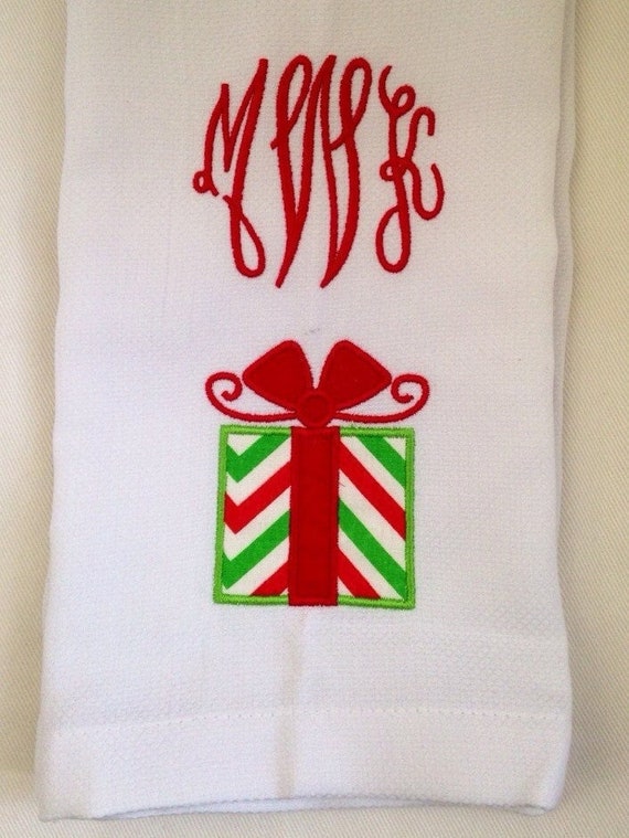 Monogram Christmas Towel with Present Appliqué