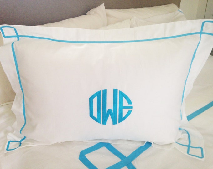 Featured listing image: Monogram Standard Pillow Sham with Ribbon Trestle Trim / Monogram Bedding / Graduation Gift