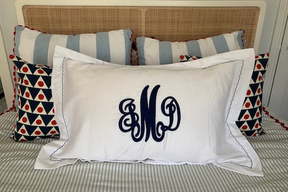 Monogram Appliqué Pillow Sham with Custom Embroidered Border / Monogram Bedding / Wedding Gift