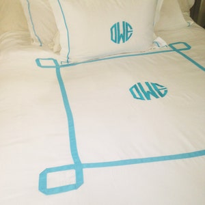 Monogram Standard Pillow Sham with Ribbon Trestle Trim / Monogram Bedding / Graduation Gift image 2