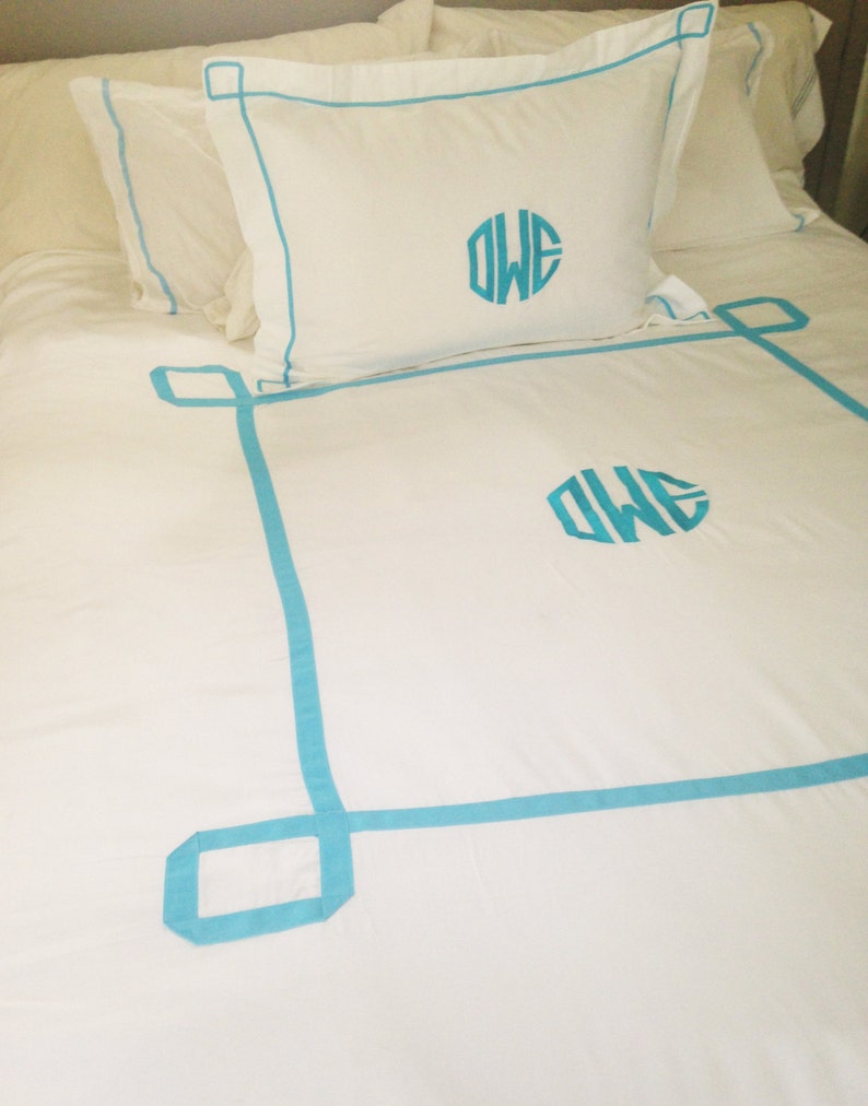 Monogram Standard Pillow Sham with Ribbon Trestle Trim / Monogram Bedding / Graduation Gift image 2