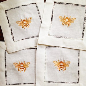 Cocktail Napkin with Embroidered Bee/ Monogram Gift - Set of 4