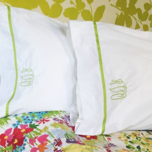 Monogram Standard Pillow Cases with Ribbon Trim / Monogram Bedding Set of 2 image 1