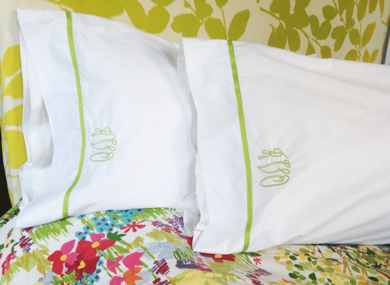 Monogram Standard Pillow Cases with Ribbon Trim / Monogram Bedding Set of 2 image 1