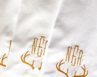Monogram Cotton Dinner Napkin with Antlers - Set of 4 / Cotton Napkin / Mothers Day Gift