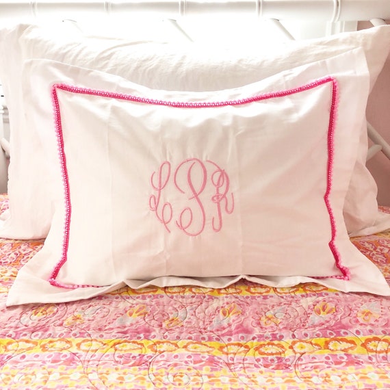 Monogram Baby Pillow Sham with Mini Pom Pom Trim / Monogram Bedding / Boudoir / Throw Pillow