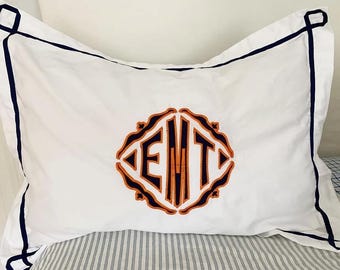 Monogram Applique Pillow Sham with Greek Key Trim