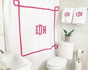 Monogram Applique Embroidered Shower Curtain with Greek Key Trim