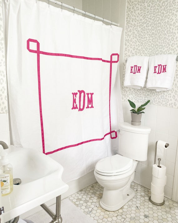 Monogram Applique Shower Curtain with trestle trim / Bath Curtain