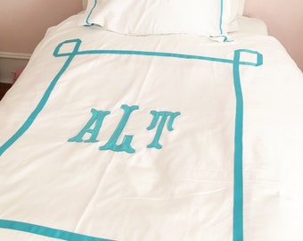 Monogram Applique Duvet with Ribbon Trestle Trim / Monogram Bedding / Comforter / Coverlet