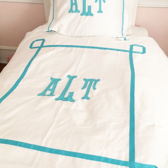 Monogram Applique Duvet with Ribbon Trestle Trim / Monogram Bedding / Comforter / Coverlet